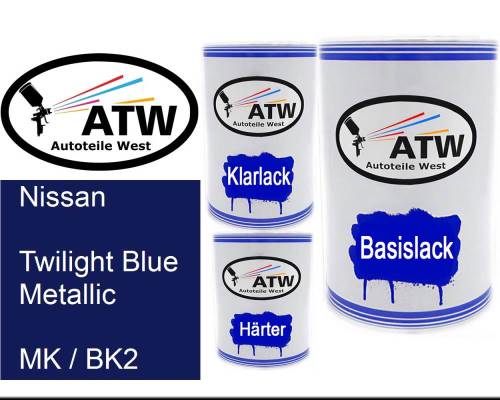Nissan, Twilight Blue Metallic, MK / BK2: 500ml Lackdose + 500ml Klarlack + 250ml Härter - Set, von ATW Autoteile West.